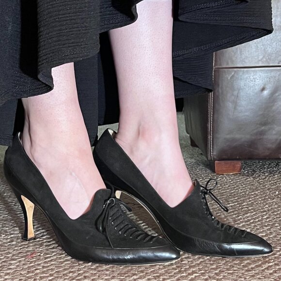 MANOLO BLAHNIK Black Suede and leather Lace-Up Heels, size EU41 US11 - Picture 1 of 7